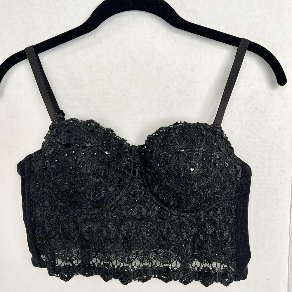 Black Lace Beaded Bustier Corset – Dark Fairy Whimigoth Rocker 90s Glam, Size M